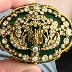 Joan Rivers Gold-Tone Green Enamel Castle Brooch with Aurora Crystal Accents
